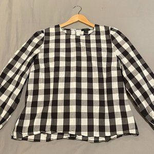 J. Crew Puff Sleeve Top, Cotton Poplin Black & White Buffalo Check, Size 12